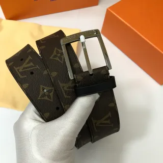 Louis Vuitton भूरा काला मोनोग्राम-कोटेड कैनवास सिल्वर-टोन आयताकार बकल लेदर बेल्ट