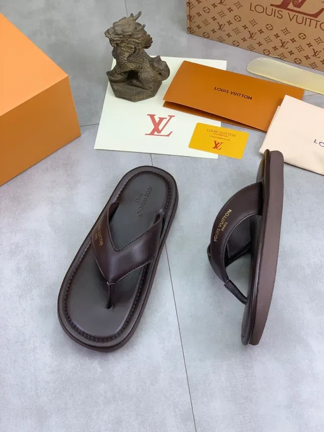 Louis Vuitton Brown Gold Leather Thong Padded Footbed Slippers 5