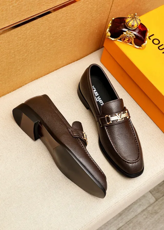 Louis Vuitton Brown Gold Pebbled Leather Metal LV Buckle Strap Loafer 2