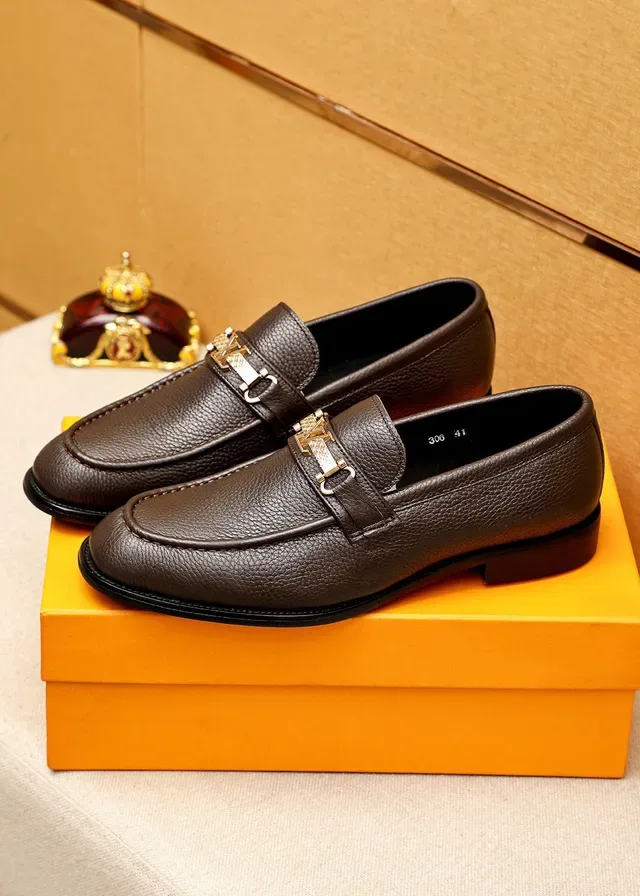 Louis Vuitton Brown Gold Pebbled Leather Metal LV Buckle Strap Loafer 3
