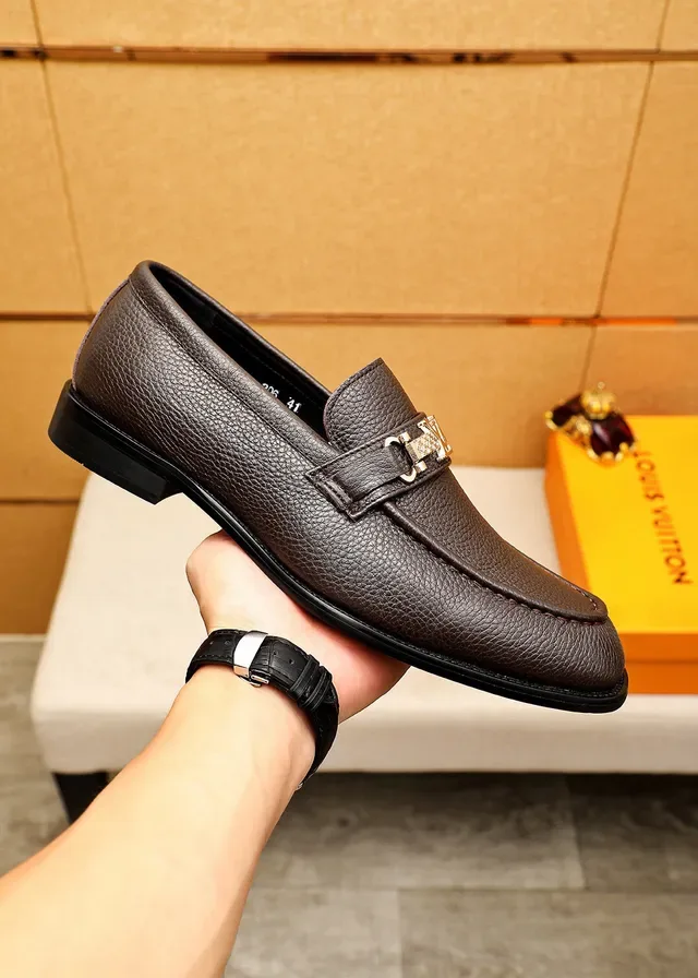 Louis Vuitton Brown Gold Pebbled Leather Metal LV Buckle Strap Loafer 4