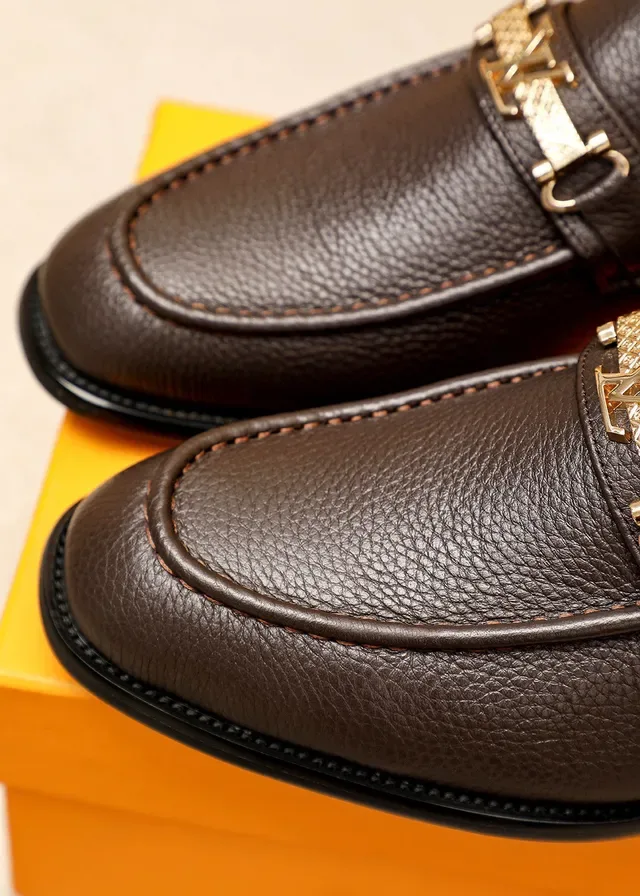 Louis Vuitton Brown Gold Pebbled Leather Metal LV Buckle Strap Loafer 6