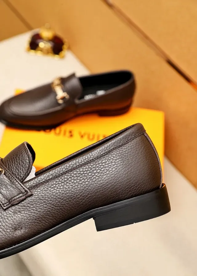 Louis Vuitton Brown Gold Pebbled Leather Metal LV Buckle Strap Loafer 7