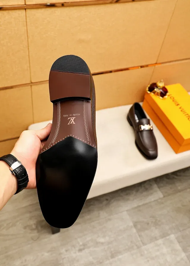 Louis Vuitton Brown Gold Pebbled Leather Metal LV Buckle Strap Loafer 8