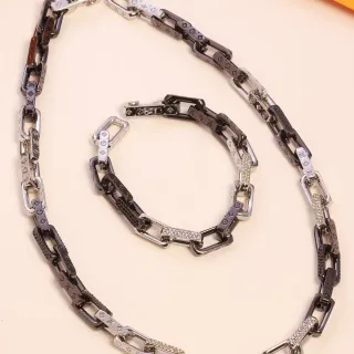 Louis Vuitton Chain Reaction Colar Preto Prata Elos Grossos Bicolor Metal