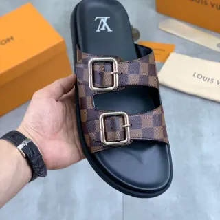 路易威登 Double-Buckle Slide 棕黑带 Damier Check Canvas 拖鞋