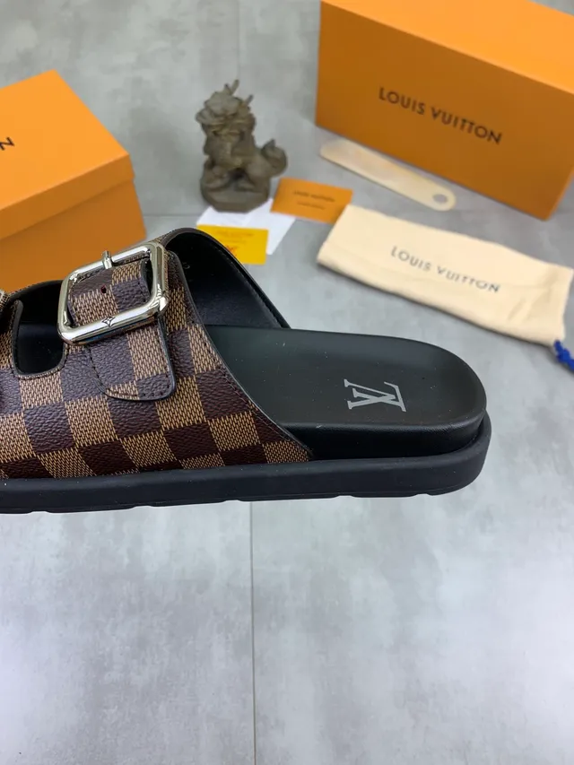 Louis Vuitton Double-Buckle Slide حزام بني أسود Damier Check Canvas نعال 3