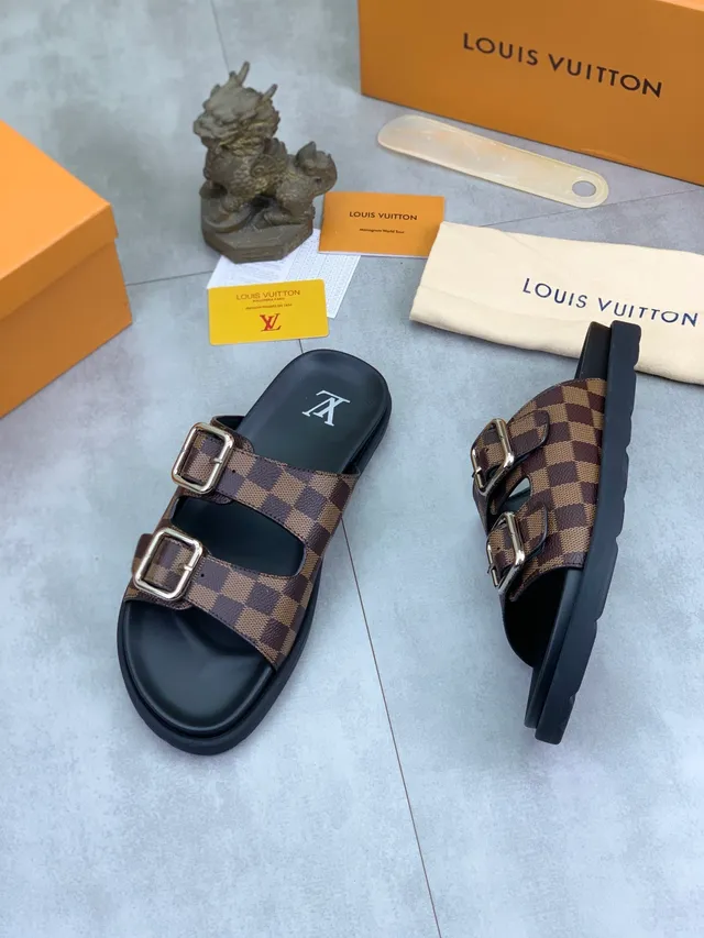 Louis Vuitton Double-Buckle Slide حزام بني أسود Damier Check Canvas نعال 4