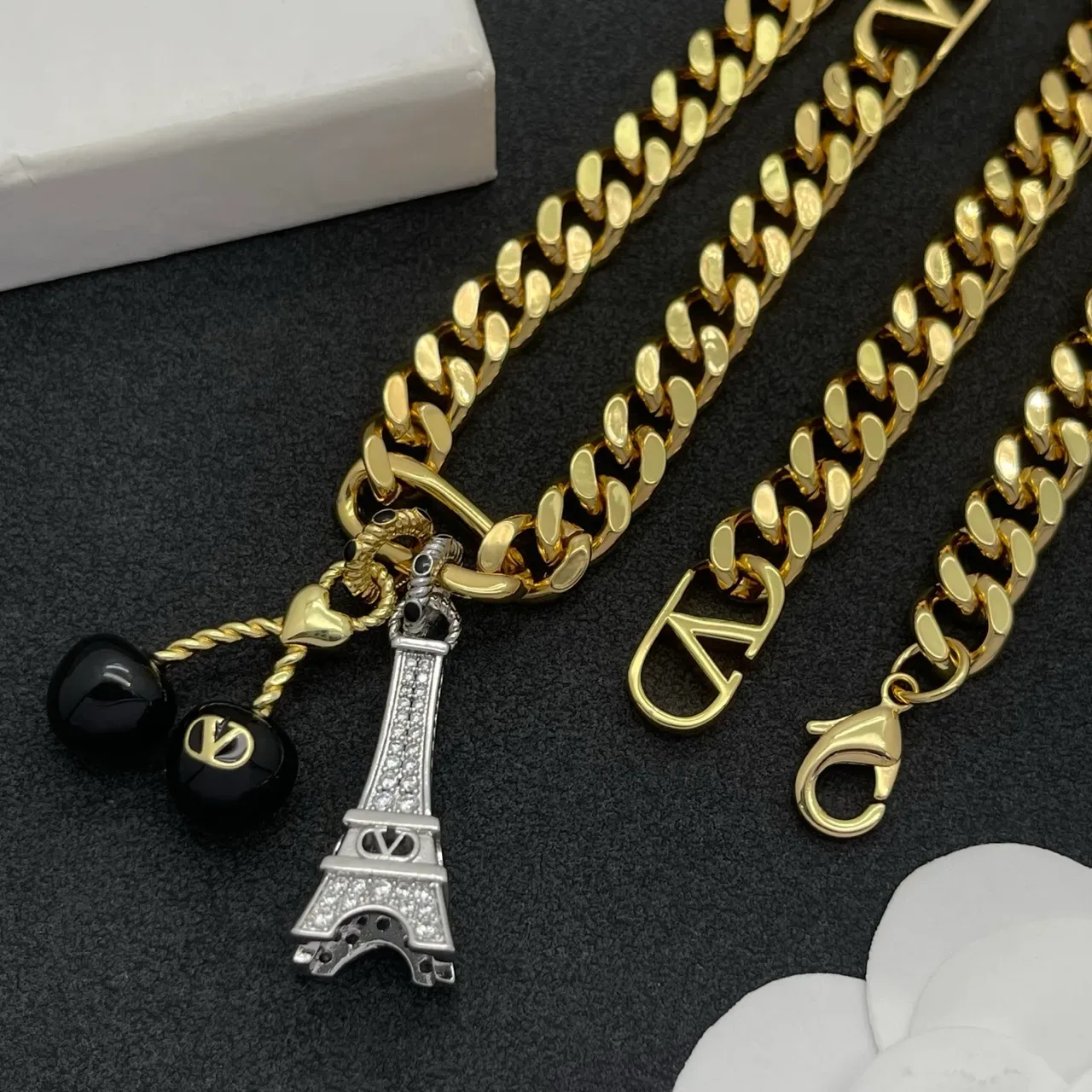Louis Vuitton 金黑链环链 LV 印花链接 项链 4