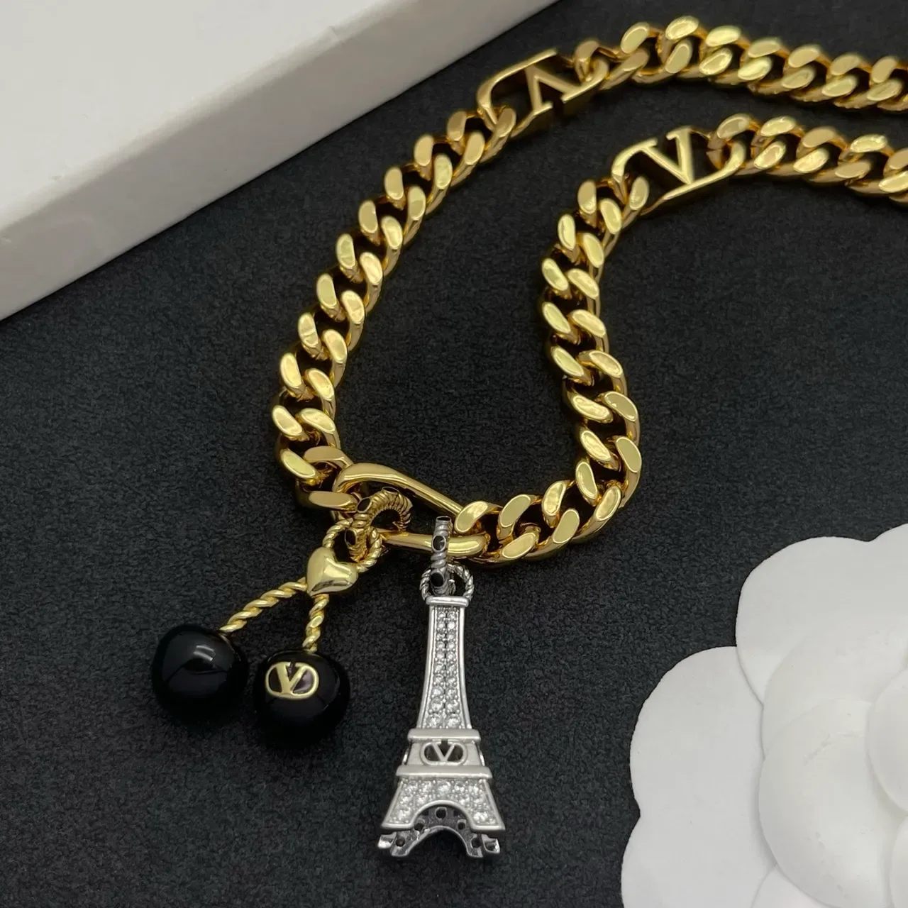 Louis Vuitton 金黑链环链 LV 印花链接 项链 6