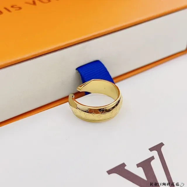 Louis Vuitton Gold Blue Monogram-Engraved Open-Adjustable Ring 5