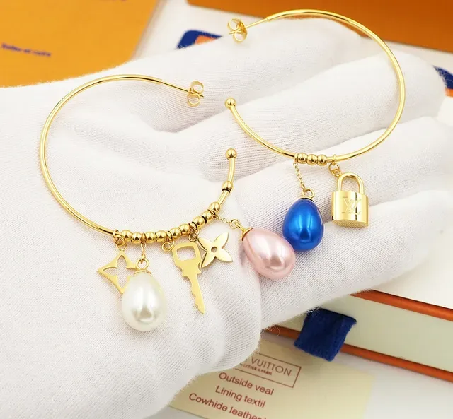 Louis Vuitton Gold Blue Open Hoop Dangling Pearl Charms Earrings 6