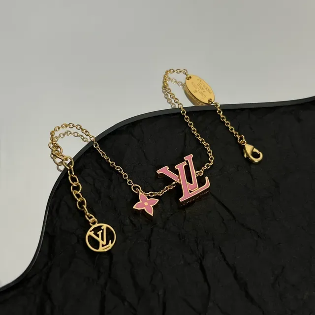 Louis Vuitton Gold Pink Chain Enamel LV Logo Bracelet 2
