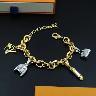 Louis Vuitton Gold Silver Curb Chain Multi-Charm Pendant Design Bracelet