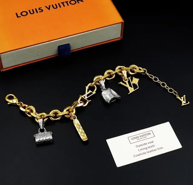 Louis Vuitton Gold Silver Curb Chain Multi-Charm Pendant Design Bracelet 2