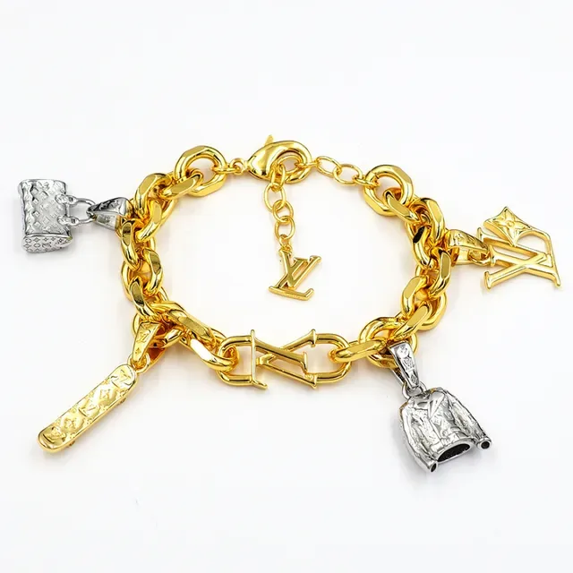 Louis Vuitton Gold Silver Curb Chain Multi-Charm Pendant Design Bracelet 3