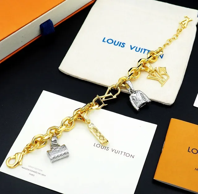 Louis Vuitton Gold Silver Curb Chain Multi-Charm Pendant Design Bracelet 4