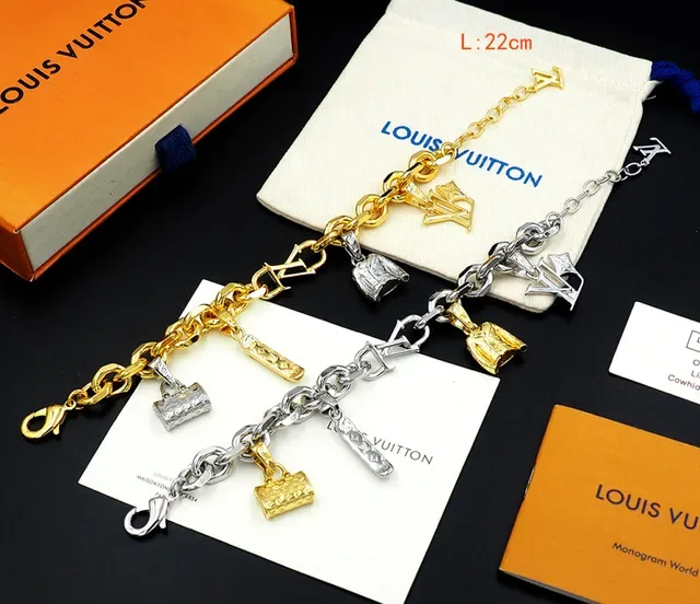 Louis Vuitton Gold Silver Curb Chain Multi-Charm Pendant Design Bracelet 5