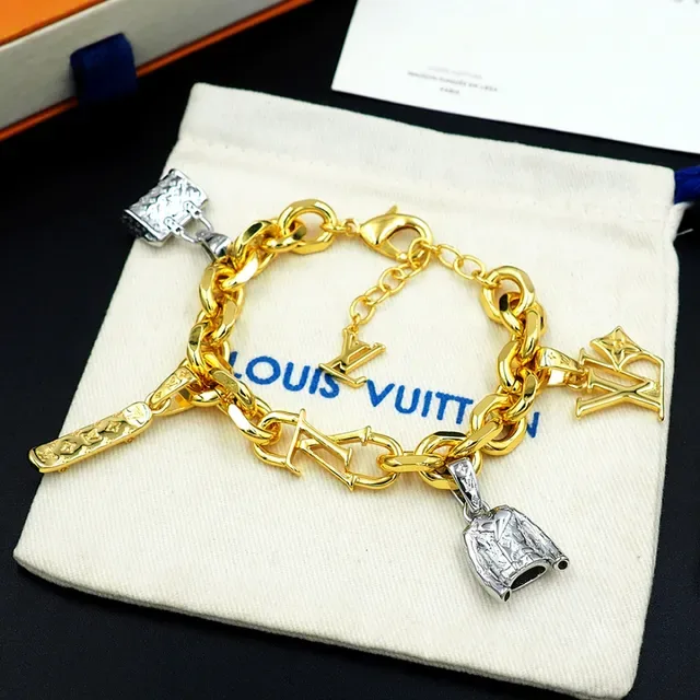 Louis Vuitton Gold Silver Curb Chain Multi-Charm Pendant Design Bracelet 6