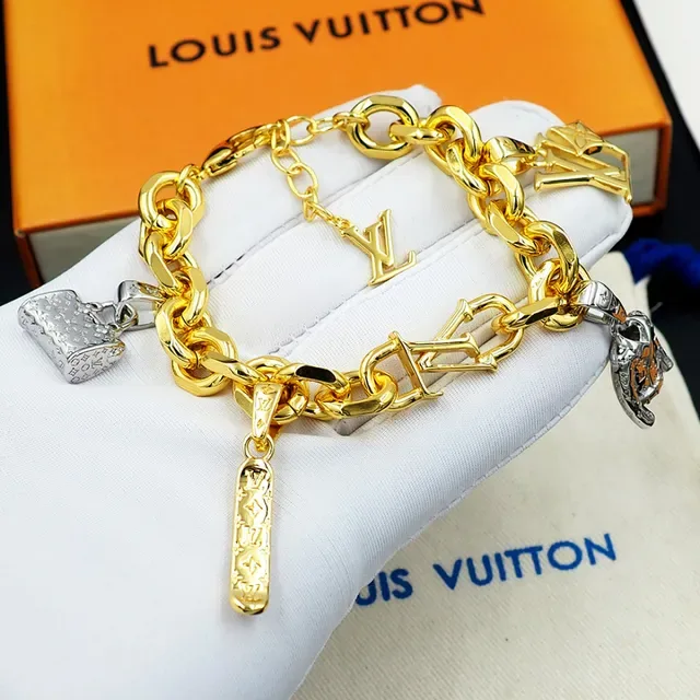 Louis Vuitton Gold Silver Curb Chain Multi-Charm Pendant Design Bracelet 7
