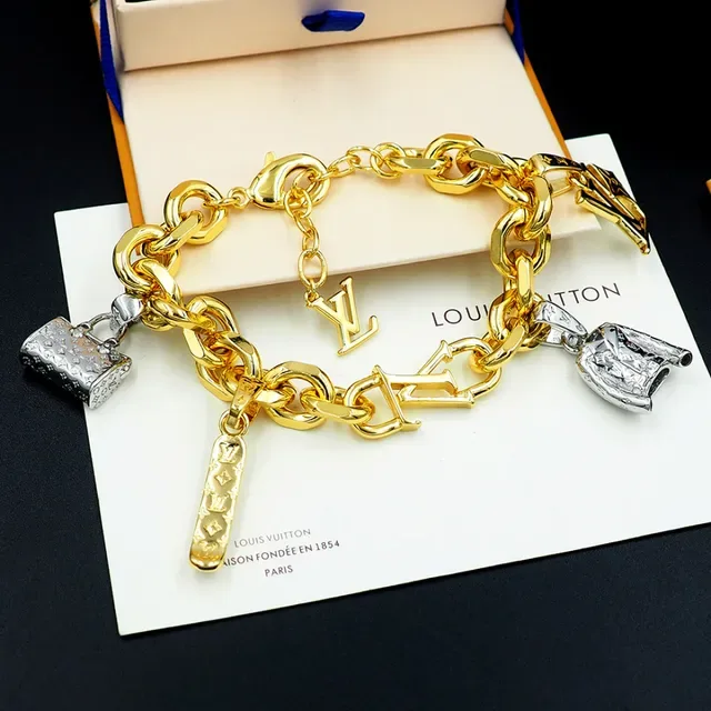 Louis Vuitton Gold Silver Curb Chain Multi-Charm Pendant Design Bracelet 8