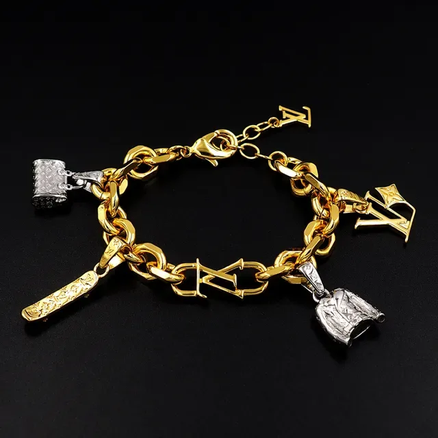 Louis Vuitton Gold Silver Curb Chain Multi-Charm Pendant Design Bracelet 9