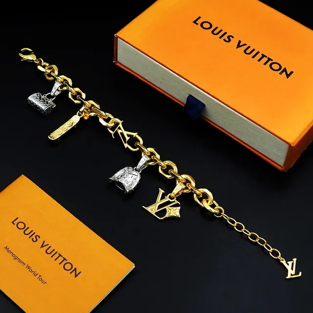 Louis Vuitton Gold Silver Curb Chain Multi-Charm Pendant Design Bracelet 10