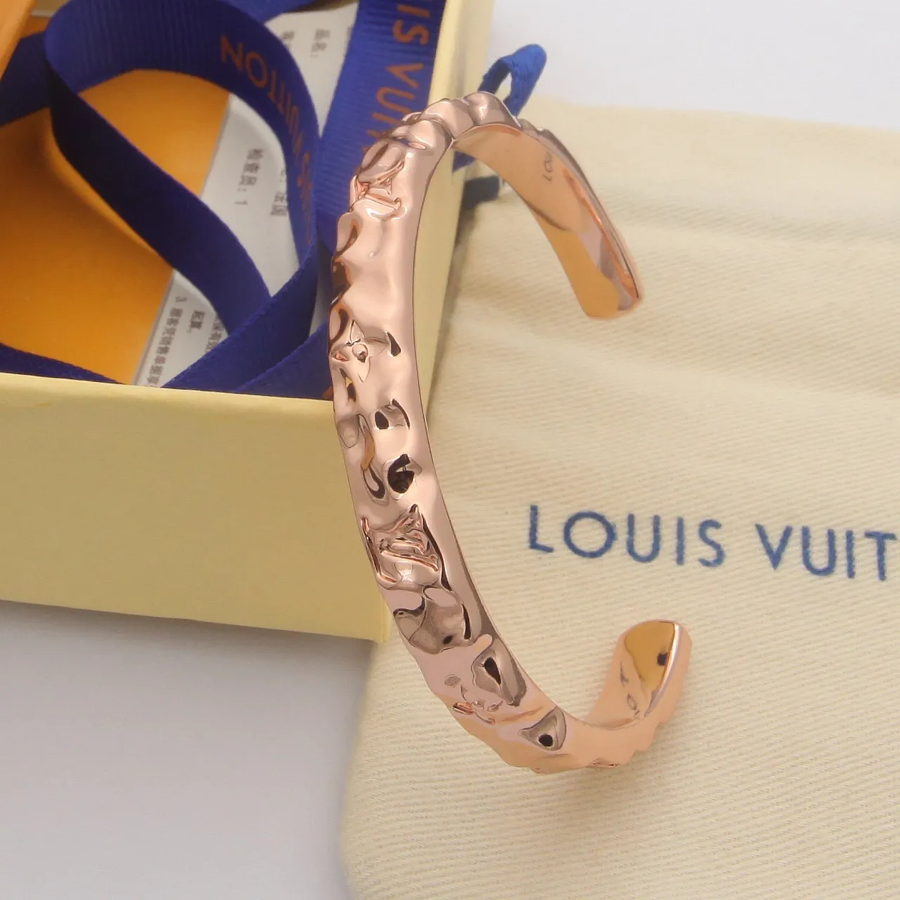 Louis Vuitton Gold Silver Hammered Texture Embossed Monogram Bracelet 2