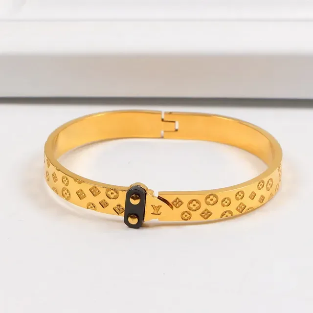 Louis Vuitton Gold Silver Hinged Bangle Embossed Monogram Bracelet 5
