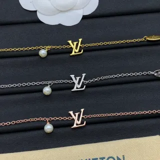 Louis Vuitton ذهب فضة Monogram قلادة قطرة لؤلؤ سوار