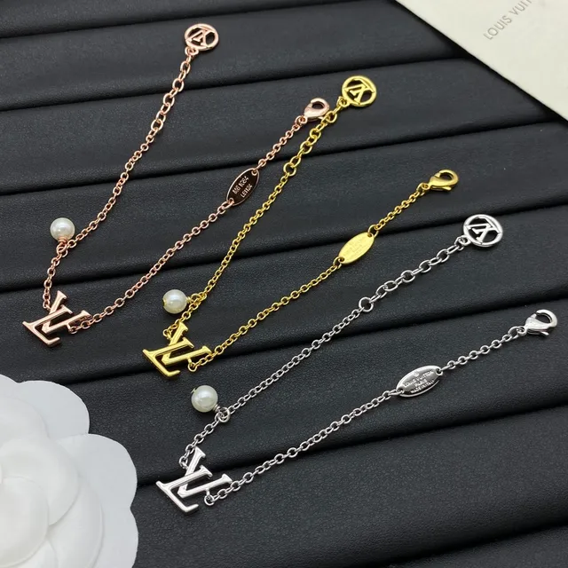 Louis Vuitton ouro prata Monogram pingente gota de pérola pulseira 3