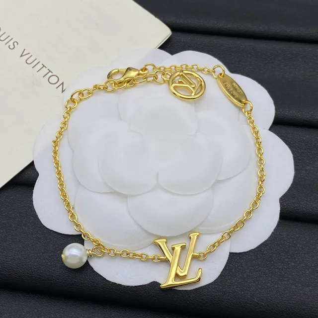 Louis Vuitton ouro prata Monogram pingente gota de pérola pulseira 6