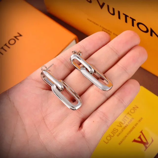 Louis Vuitton Gold Silver Rectangular-Link Monogram-Engraved Earrings 2