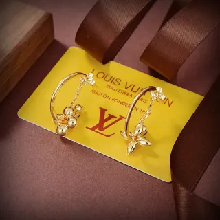 Louis Vuitton Dourado Assimétrico Floral e Esfera Charm Brincos