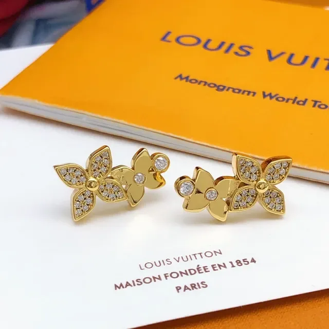 Louis Vuitton Gold-Tone Pavé Crystal Dual-Flower Stud Earrings 4