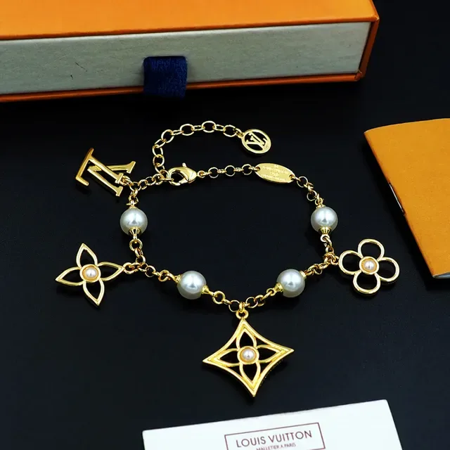 Louis Vuitton Pulseira Corrente Ouro Branco Miçangas Estações 5
