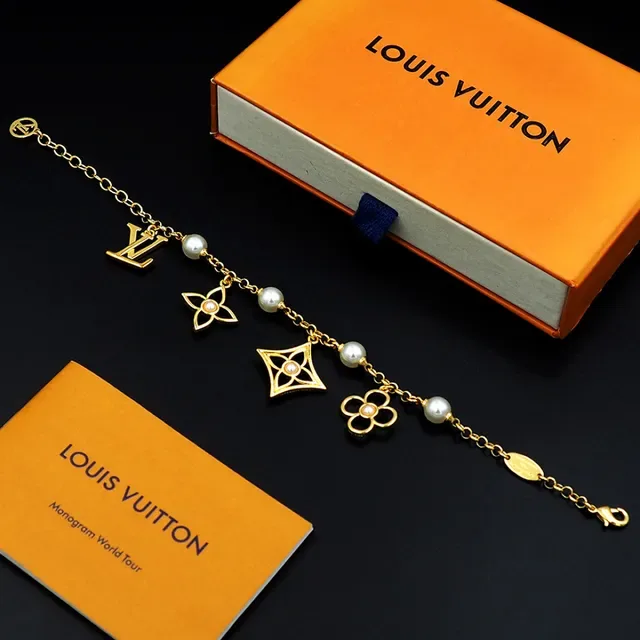 Louis Vuitton Pulseira Corrente Ouro Branco Miçangas Estações 7