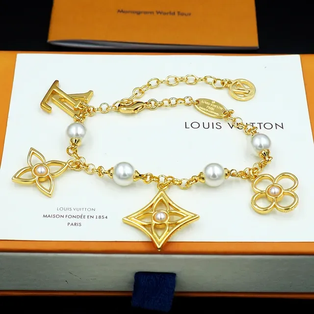 Louis Vuitton Pulseira Corrente Ouro Branco Miçangas Estações 8