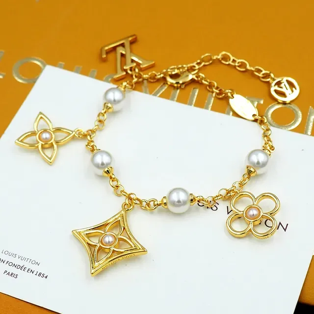 Louis Vuitton Pulseira Corrente Ouro Branco Miçangas Estações 10