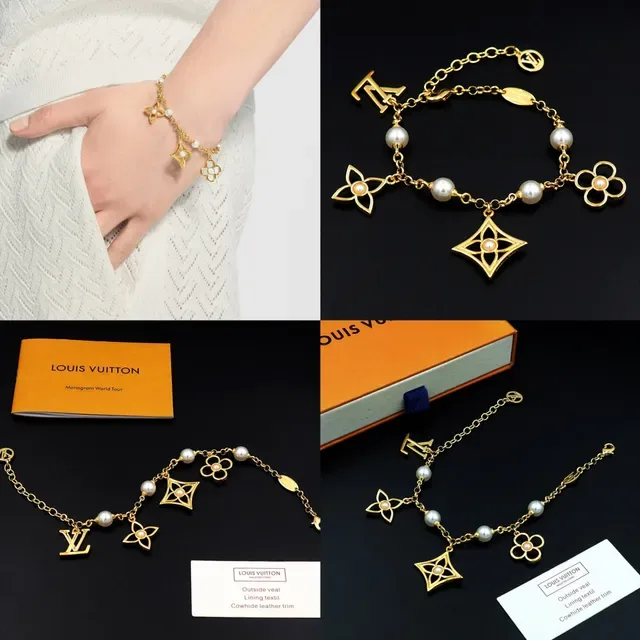Louis Vuitton Pulseira Corrente Ouro Branco Miçangas Estações 11