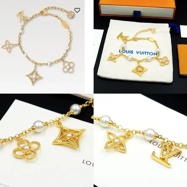 Louis Vuitton Pulseira Corrente Ouro Branco Miçangas Estações 13