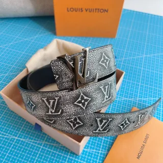 Louis Vuitton Gray Black Embossed Monogram Textured Shagreen-Like Finish Leather Belt
