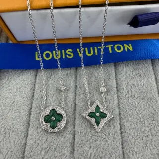 Colar Louis Vuitton Malachita Verde Prata Inlay Pavé-Set Pedras