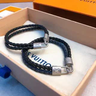 Louis Vuitton Lockit سوار جلد مضفر أسود فضي حبل مزدوج