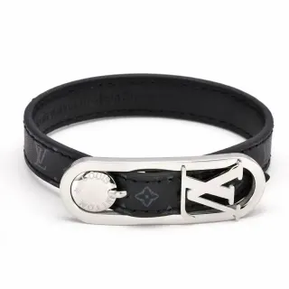Louis Vuitton Lockit Monogram Pulsera de cuero negro y tono plateado