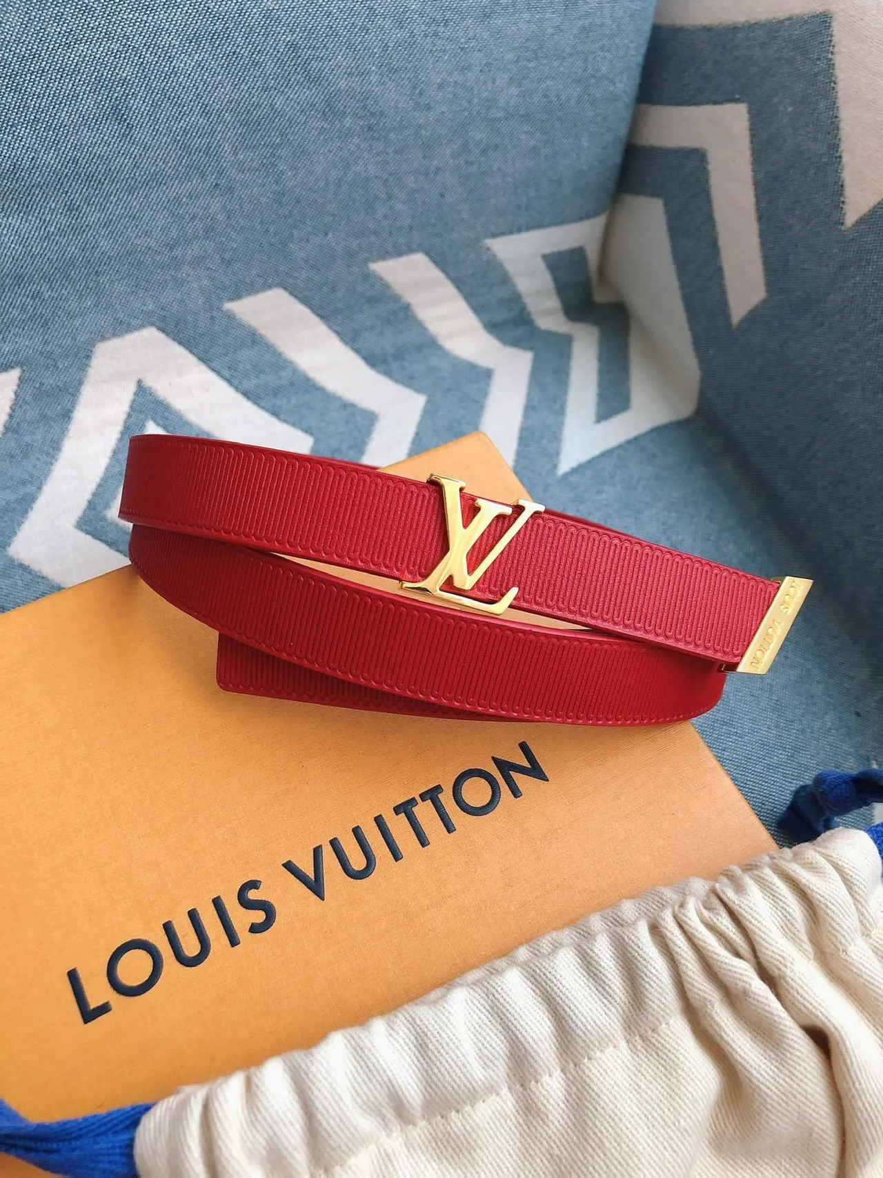 Louis Vuitton LV লাল বুনন স্ট্র্যাপ সোনালি টার্ন-লক বাকেল চামড়ার বেল্ট 3