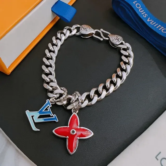 Louis Vuitton LV Chain Silver Red Curb-Link Enamel Charms Bracelet 8