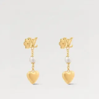 أقراط لويس فيتون LV قلب ذهب أبيض Monogram-Top Pearl-Detailed