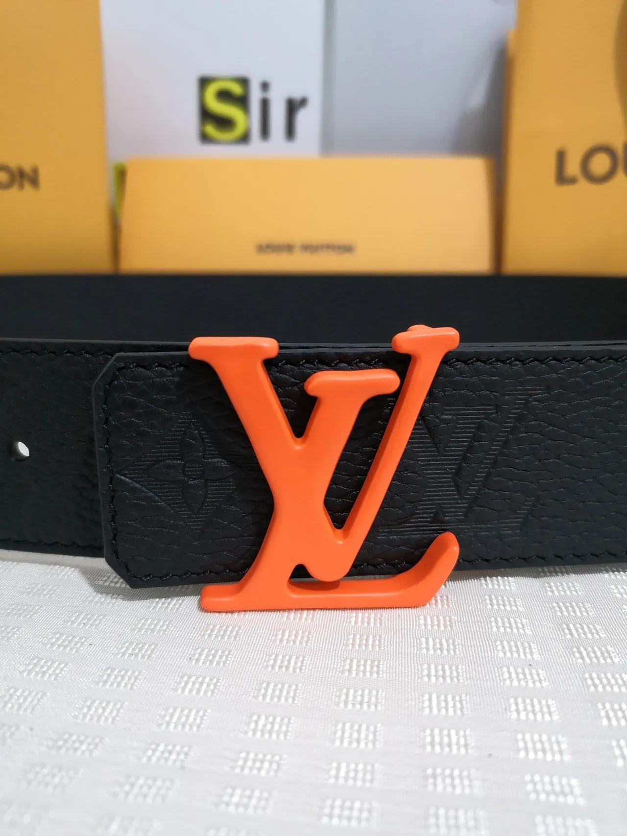 Louis Vuitton LV Initiales Black Orange Embossed Monogram Textured Leather Belt 2