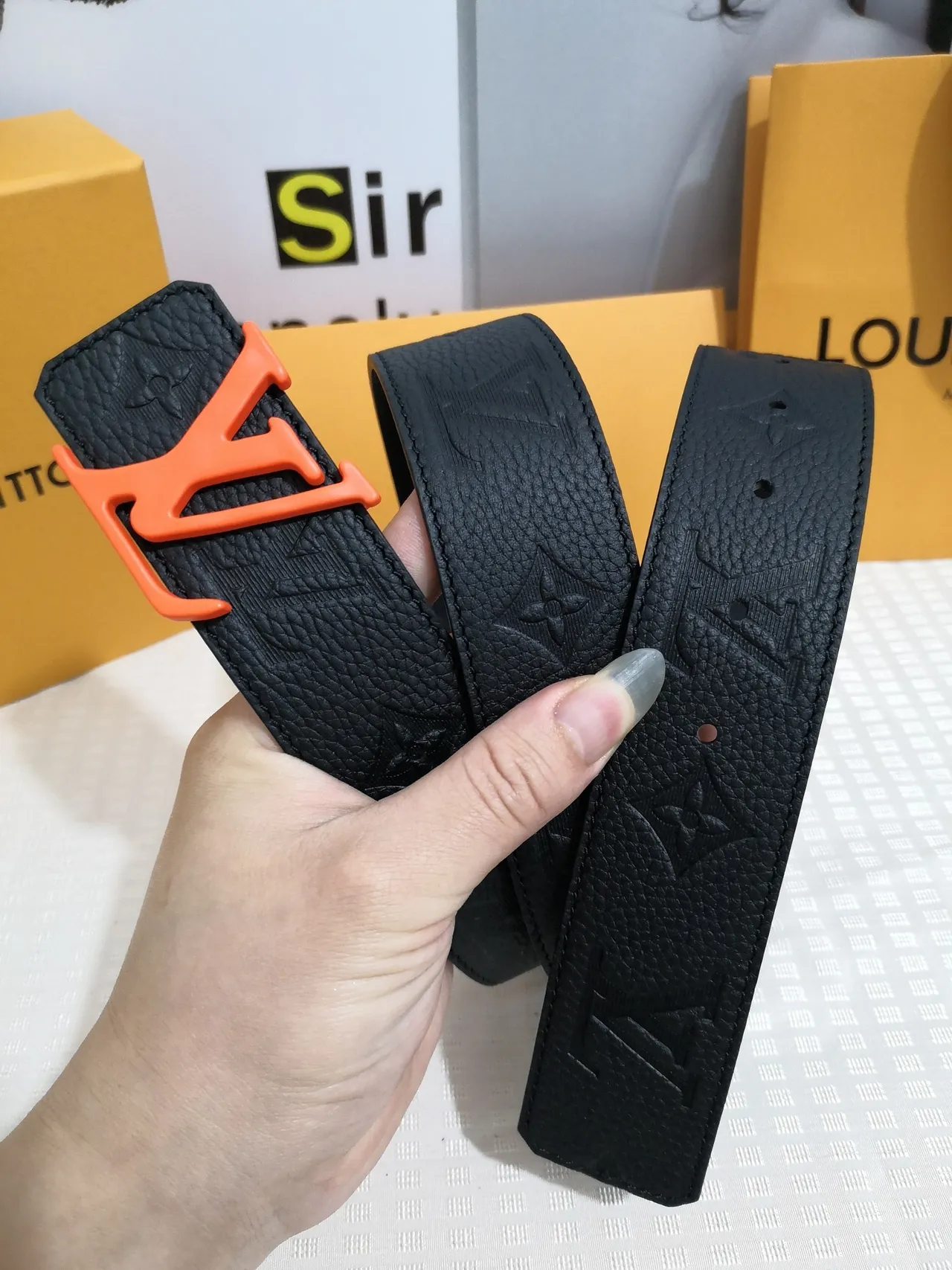 Louis Vuitton LV Initiales Black Orange Embossed Monogram Textured Leather Belt 6